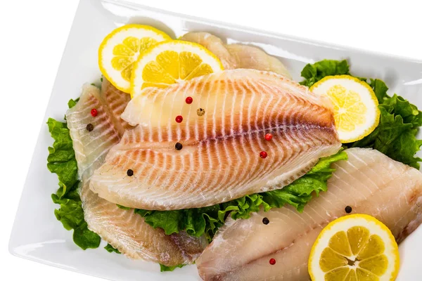 Whitefish Tilapia Fish Raw Fillet Isolado Branco Foco Seletivo — Fotografia de Stock