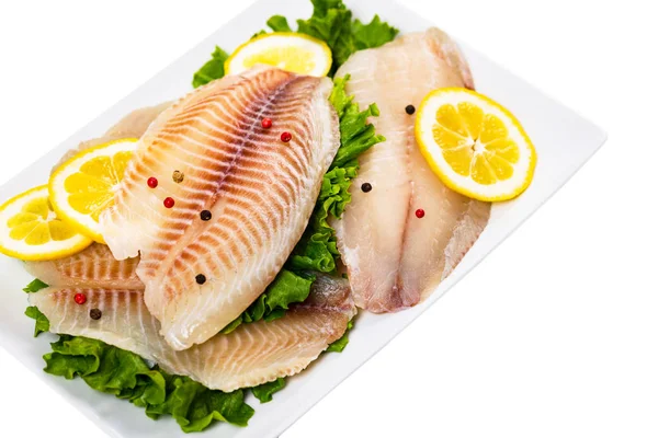 Whitefish Tilapia Fish Raw Fillet Isolado Branco Foco Seletivo — Fotografia de Stock
