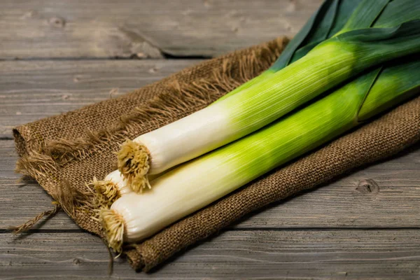 Leek Green Onion Wooden Background Selective Focus — Stock Photo, Image