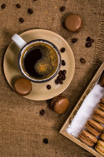 Chocolade Franse Macaron Met Donkere Chocolade Koffie Vulling Selectieve Focus — Stockfoto
