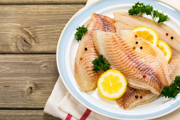 Whitefish Tilapia Fish Raw Fresh Fillet Ready Cook Wooden Background — Stock Photo, Image