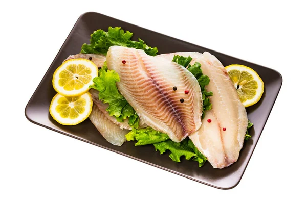 Whitefish Tilapia Fish Raw Fillet Isolado Fundo Branco Foco Seletivo — Fotografia de Stock