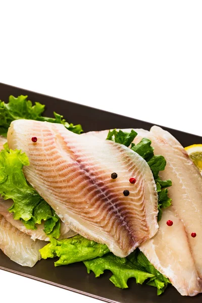 Felchen Tilapia Fisch Roh Filet Isoliert Auf Weißem Hintergrund Selektiver — Stockfoto