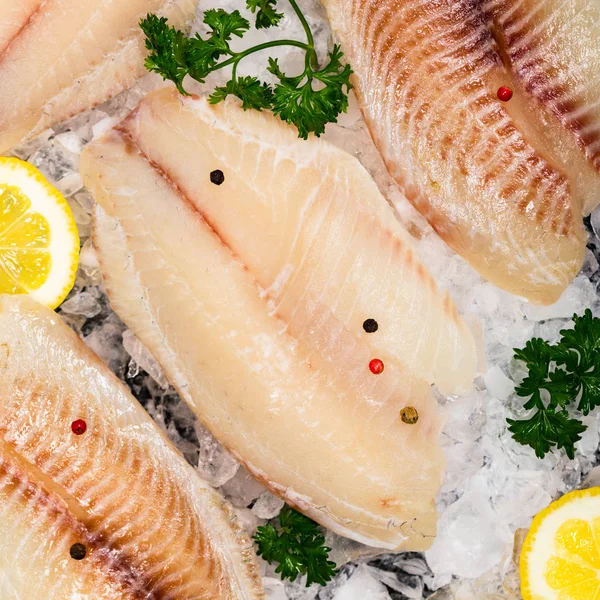 Whitefish Tilapia Fish Raw Fillet Ice Selective Focus — Stock Photo, Image