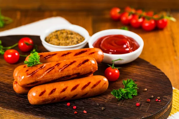 Grilled Smoked Hot Dogs Sausages Wooden Background Selective Focus — Stock Photo, Image