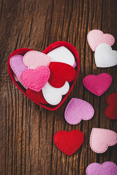 Valentines Day Background Valentines Day Fabric Hearts Shaped Wooden Background — Stock Photo, Image