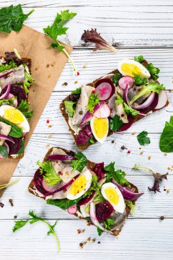 Çavdar ekmeğine salamura marinalı ringa balığı ve pancar sandviçi. Beyaz Arkaplan 'da geleneksel Danimarka Smorrebrod' u. Seçici odak.