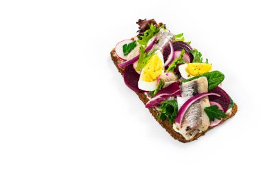 Çavdar ekmeğine salamura marinalı ringa balığı ve pancar sandviçi. Beyaz Arkaplan 'da geleneksel Danimarka Smorrebrod' u. Seçici odak.