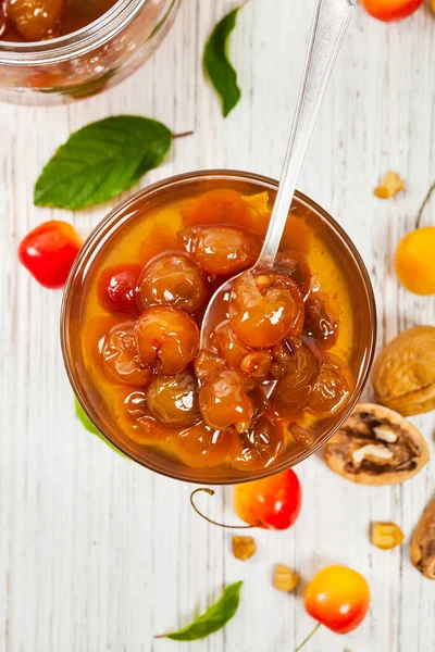 Cherry Jam Nuts Azerbaijani Cuisine White Cherry Preserves Selective Focus — Stock Photo, Image