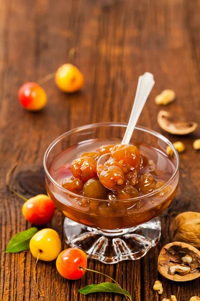 Cherry Jam Nuts Azerbaijani Cuisine White Cherry Preserves Wooden Background — Stock Photo, Image