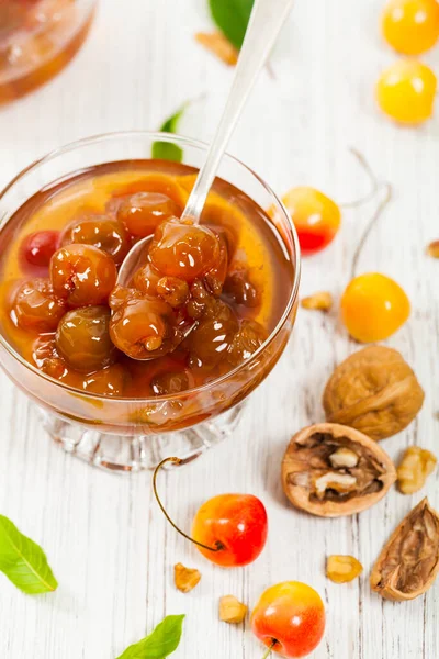 Cherry Jam Nuts Azerbaijani Cuisine White Cherry Preserves Selective Focus — Stock Photo, Image
