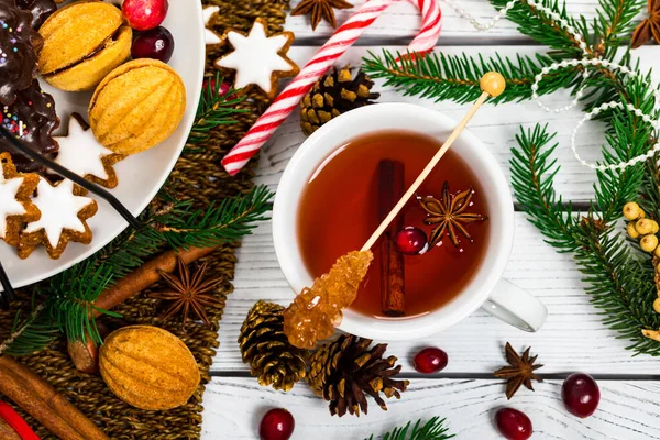 Chá Com Biscoitos Mistos Variados Foco Seletivo — Fotografia de Stock