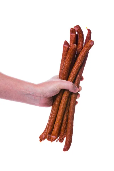 Man Holding Kabanos Cabanossi Thin Dry Smoked Polish Sausage Isolated — Stock Photo, Image