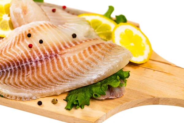 Whitefish Tilapia Fish Raw Fillet Isolado Fundo Branco Foco Seletivo — Fotografia de Stock