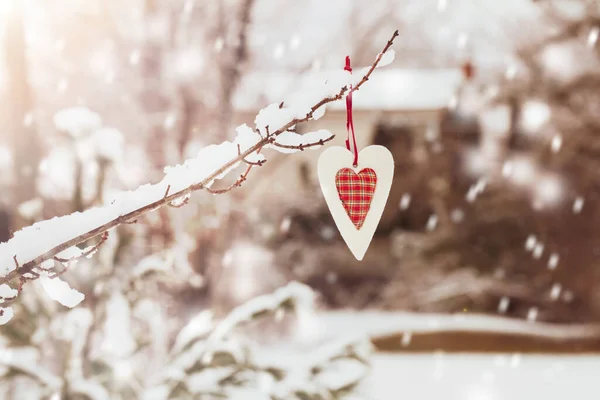 Fondo Navidad Sentía Corazón Rojo Sobre Fondo Natural Enfoque Selectivo —  Fotos de Stock