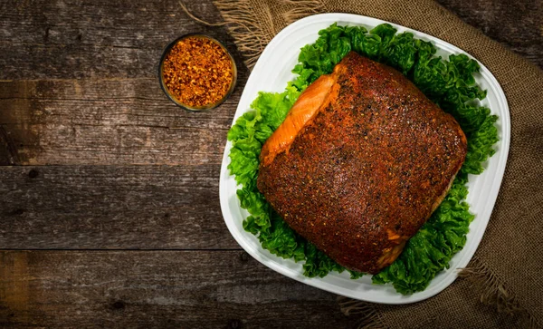 Turkey Breast Deli Roasted Sliced Cajun Style Lunch Meat Wooden — Stock Photo, Image