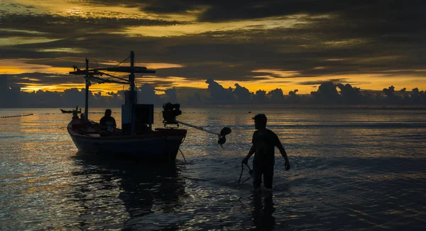 Pêcheur Finir Travail Après Coucher Soleil — Photo