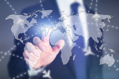 Ucuz uçak biletleri, seyahat hedef online kavramı, Dünya Haritası dokunmatik ekran üzerinde uçağa seçin