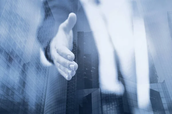 Business Man Offer Deal Help Handshake Double Exposure — Stock Photo, Image