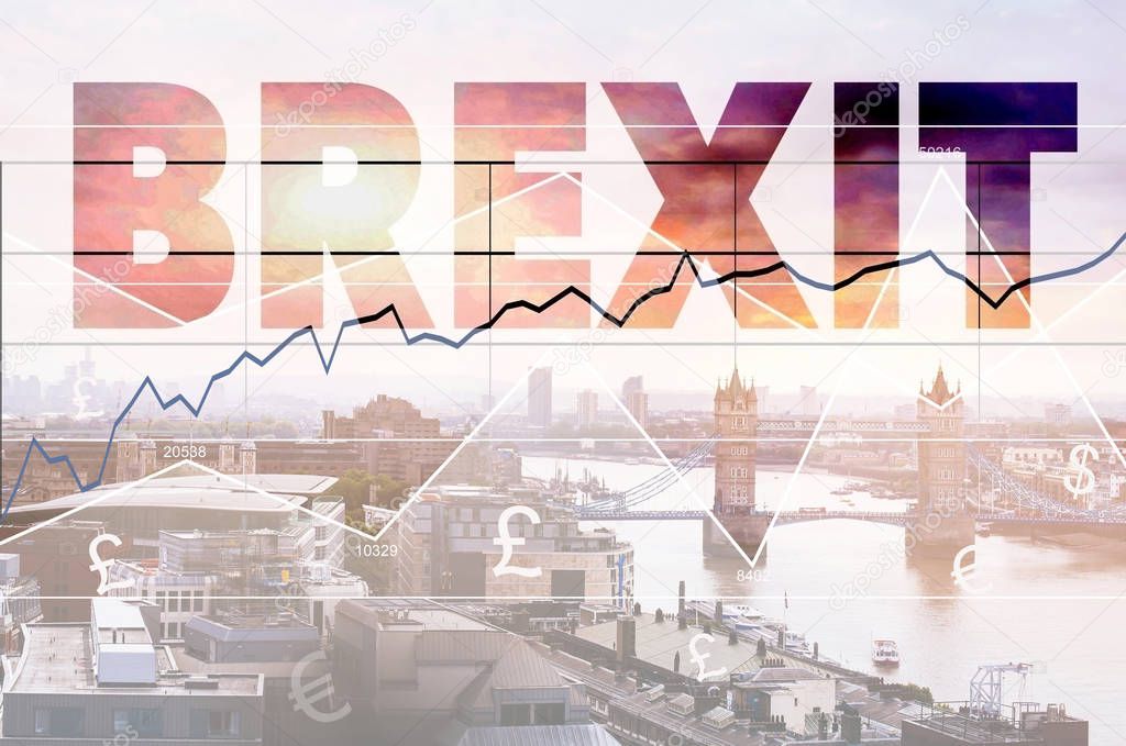 brexit concept, background double exposure with UK skyline, London cityscape
