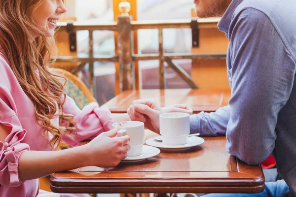 Dating Hands Couple Cozy Cafe Drinking Coffee — Stock Photo, Image