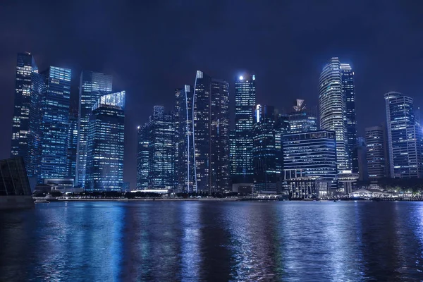 Modern City Skyline Night Business Skyscrapers Office Buildings Reflection Water — Stock Photo, Image