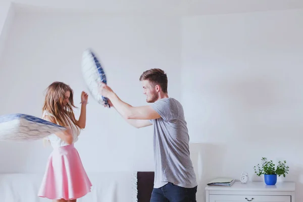 Pillow Fight Young Happy Family Couple Having Fun Home Morning — Stock Photo, Image
