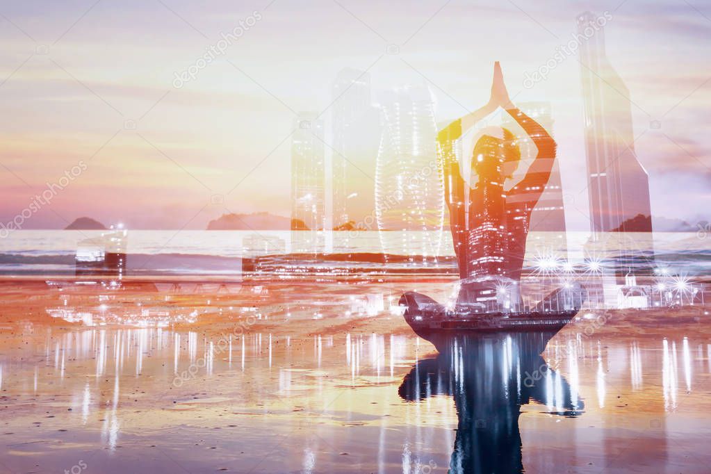 yoga double exposure background, healthy lifestyle in big modern city, self improvement