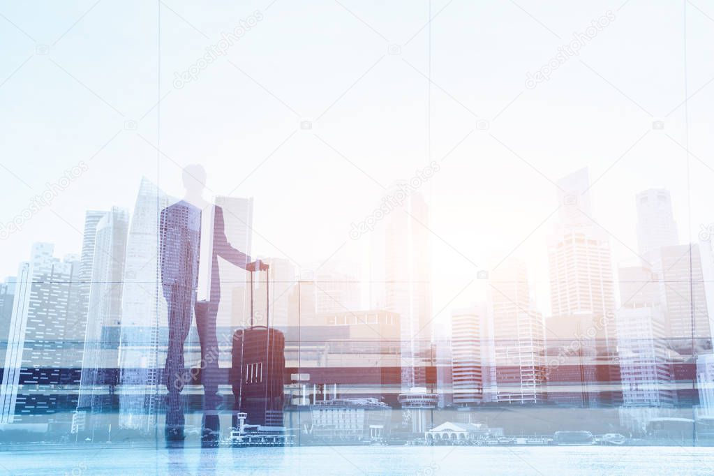 business travel, double exposure background, businessman in the airport