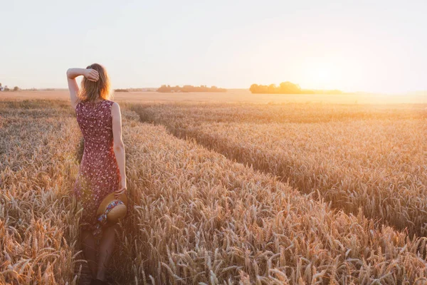 インスピレーションや待っている概念 日没のフィールドで幸せの美しい若い女性の夢 — ストック写真