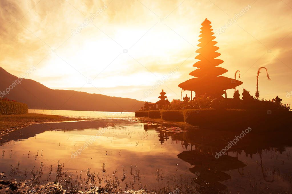 sunset in Pura Ulun Danu Bratan temple in Bali, beautiful traditional architecture of Indonesia