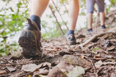 ayak ayakkabılar hiking, trekking, orman birlikte açık havada yürüyüş ormanda, yürüyüşçüler backpackers grup yakın çekim