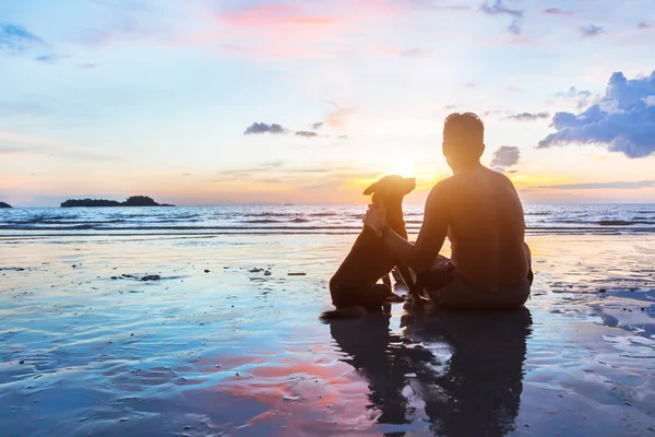 友谊的概念 人和狗坐在一起在海滩上日落 — 图库照片