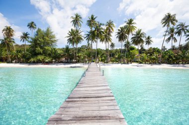 Tayland, Koh Kood turkuaz su, ahşap iskele ve tropikal palmiye ağaçları, yaz tatili ile Cennet plaj