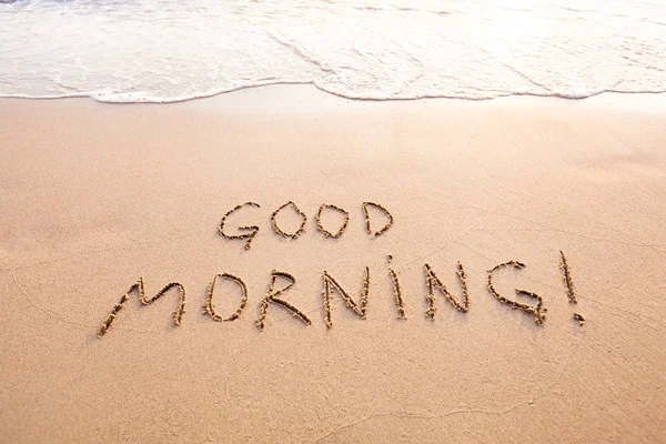 Good Morning Message Text Concept Card Text Written Sand Beach — Stock Photo, Image