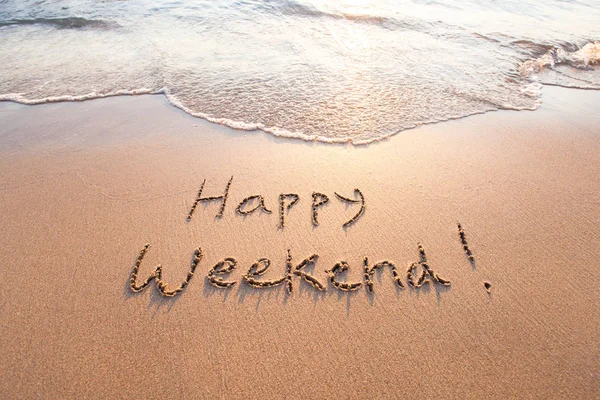 Happy Weekend Text Sand Beach — Stock Photo, Image