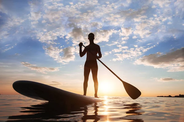 Paddle Standing Silhouette Man Beach Sunset — Stock Photo, Image