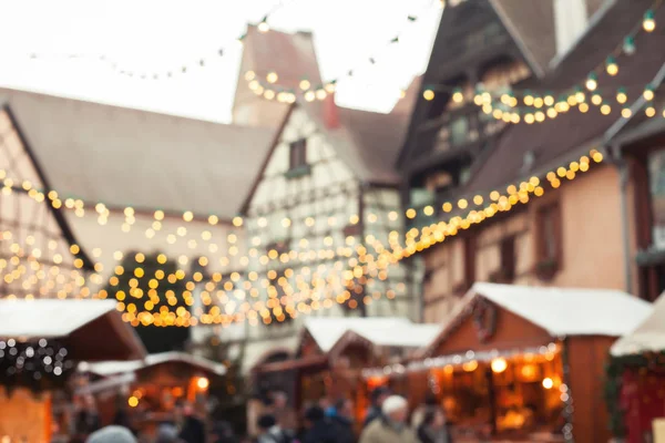 Christmas Market Blurred Background People Walking Cozy Decorated Street Garlandes — Stock Photo, Image