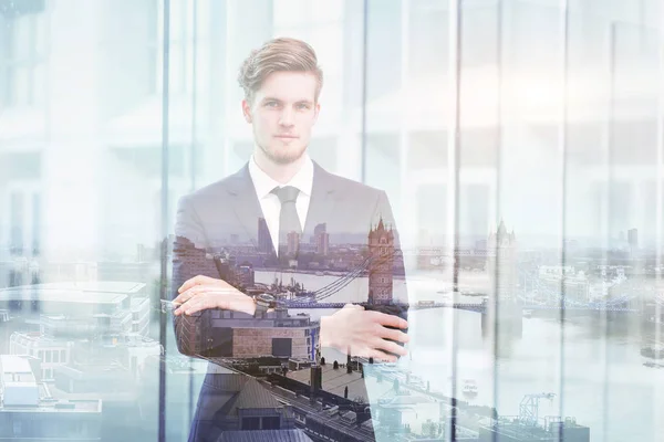 Double Exposure Portrait Young Successful Business Man Cityscape London Skyline — Stock Photo, Image
