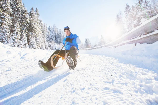Sleigh Winter Holiday Snow Activity Young Man Having Fun Sledding — Stock Photo, Image
