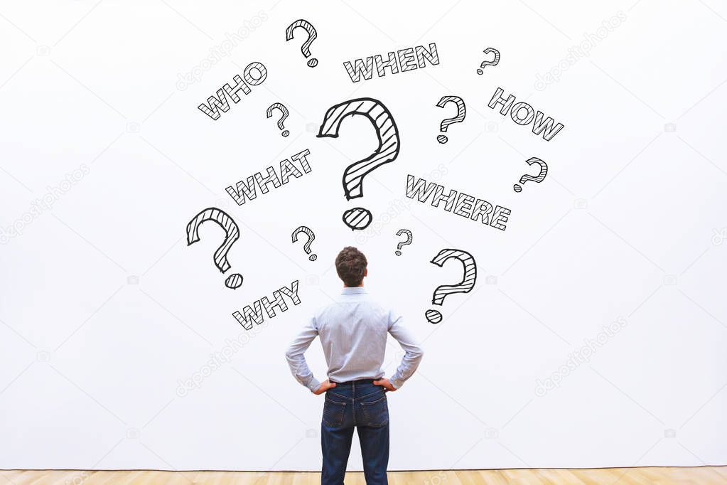 businessman asking many questions, what, where, when, who and how, expert business advice concept