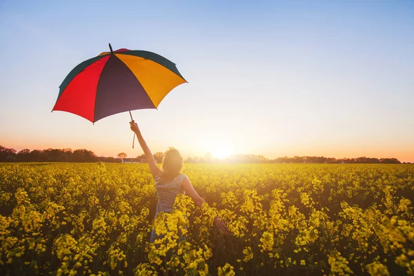 Gün Batımı Çiçek Alan Sevinç Kavramı Renkli Şemsiye Ile Mutlu — Stok fotoğraf