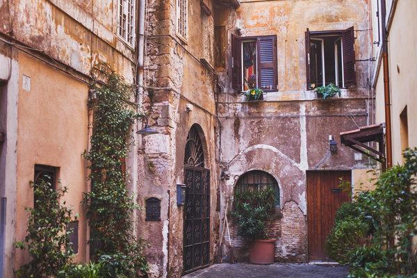 Travel to Rome, cozy european courtyard, street in Italy