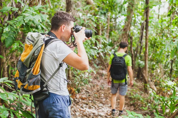 nature photographer in tropical jungle, group of tourists hiking in the forest, man taking photo with big camera