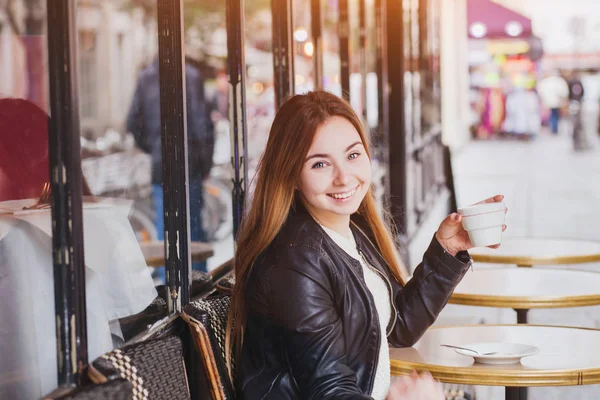 Happy Smiling Woman Drinking Coffee Street Cafe Looking Camera Good — Stock Photo, Image