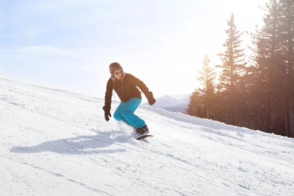 Snowboard Χειμερινή Δραστηριότητα Snowboarder Κατηφόρα Στην Πλαγιά Στα Βουνά — Φωτογραφία Αρχείου