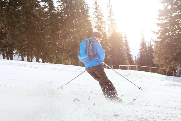 Ski Alpin Coucher Soleil Beau Skieur Mouvement — Photo