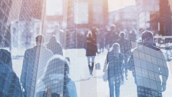 Crowd People Walking Street Double Exposure Abstract Business Background — Stock Photo, Image