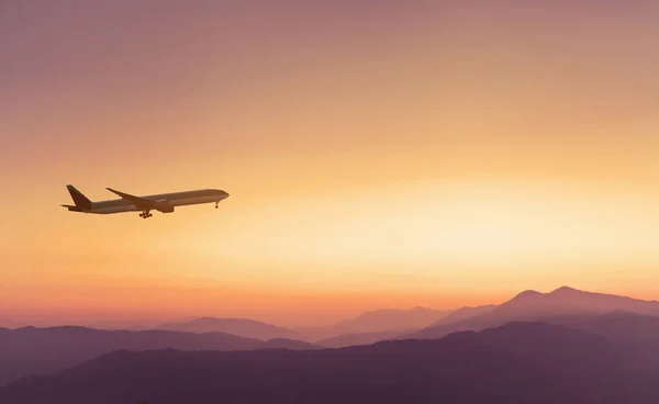 Travel Concept Background Airplane Sunset Sky International Flight — Stock Photo, Image