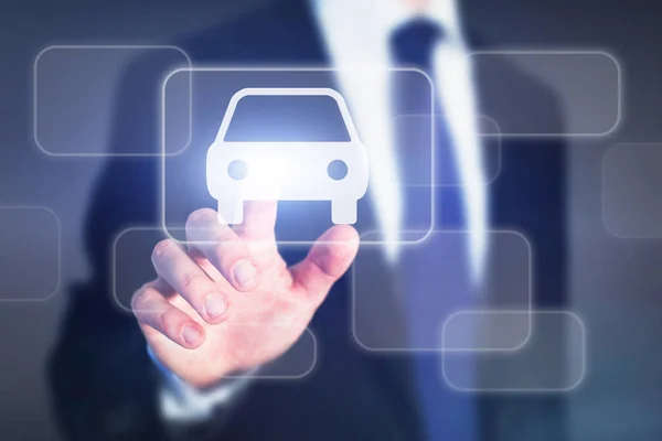 Conceito Aluguer Carro Empresário Empurrando Botão Virtual Tela Sensível Toque — Fotografia de Stock